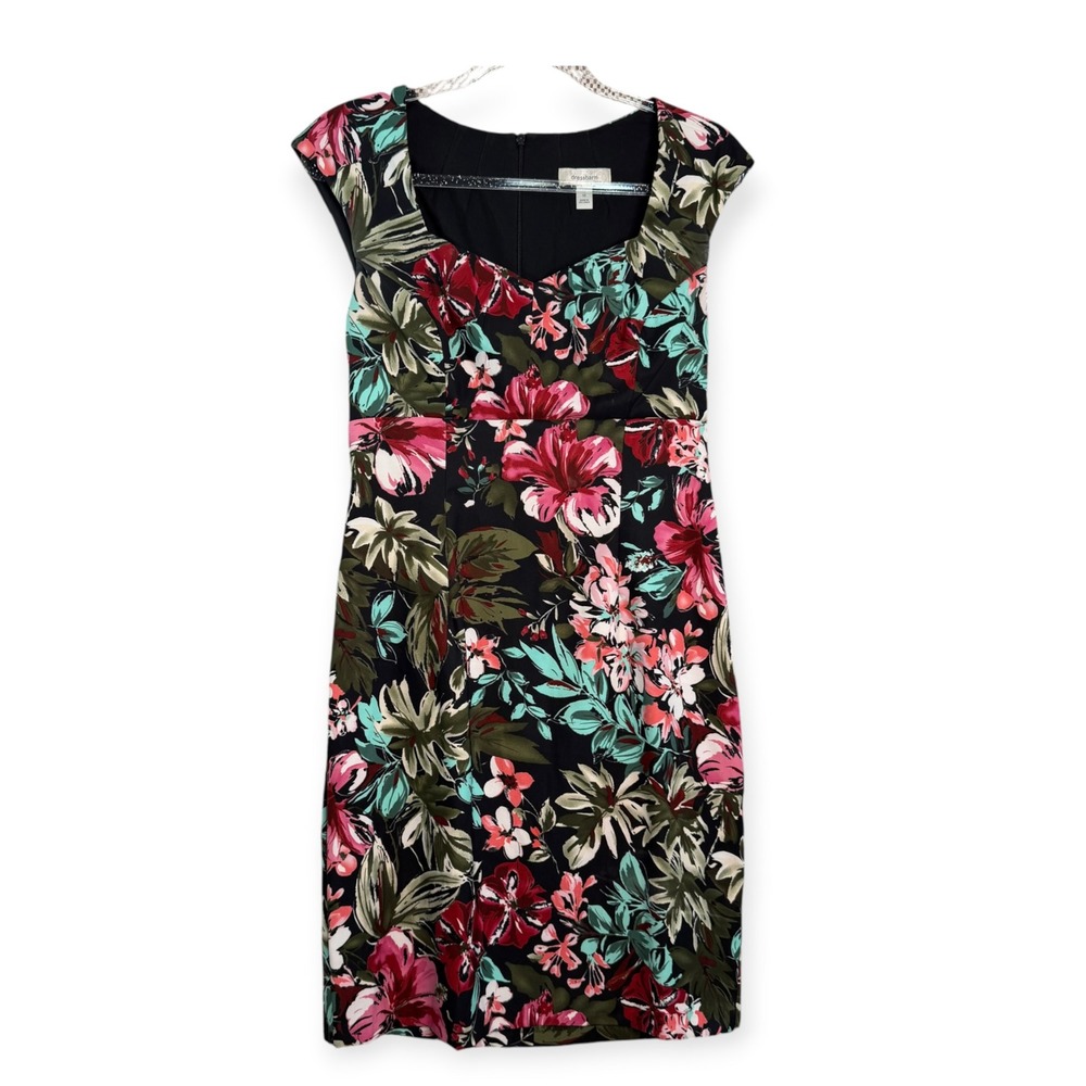 Dressbarn Womens Size 10 Floral Sheath Dress Cap Sleeve Black Pink Green
